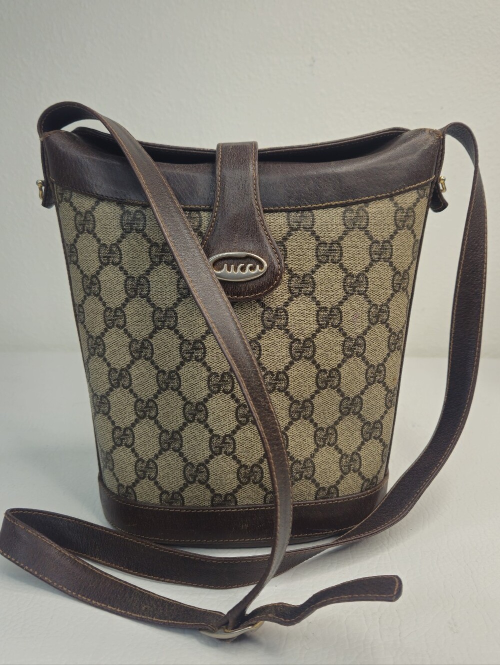 Gucci • Vintage 70s 80s GG Monogram • Bucket Crossbody • Brown Leather